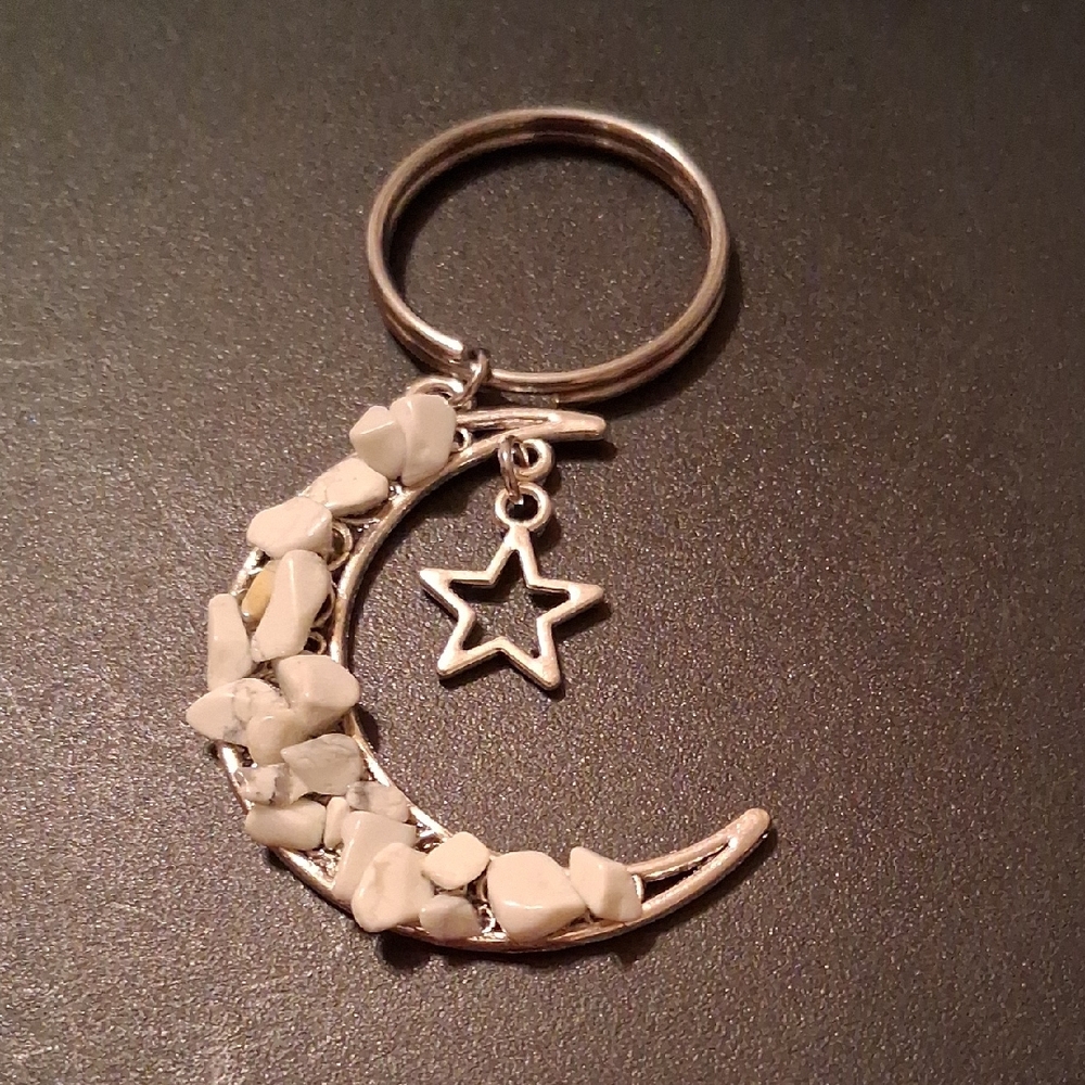 New Vintage Silver Moon and Star Keychain W/ White Stones Ans Star Charm